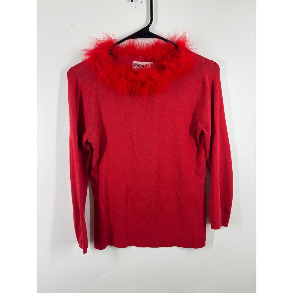 Joseph A Red Silk Blend Feather Trim Collar Long Sleeve Sweater Womens Medium